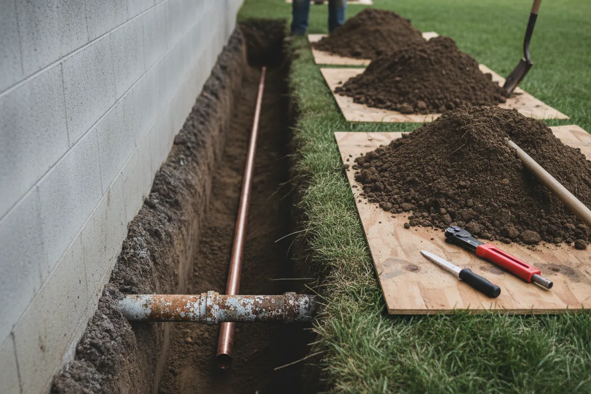 Excavated water line trench during Water Heater Repair in Seaman